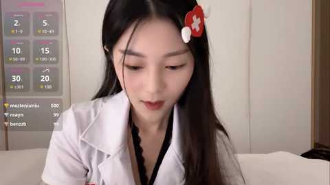 Media: A video of an East Asian woman with long black hair, styled with a white headband adorned with a red cross. She wears a white lab coat over a black top. Background shows a digital clock and a calendar.