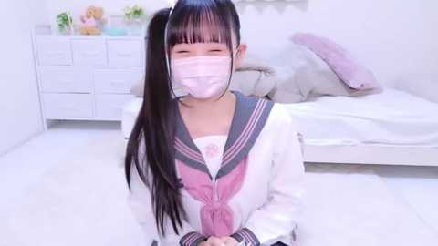 Media: A video of an Asian girl with long black hair in a ponytail, wearing a pink surgical mask, a sailor school uniform, and a white dress, sitting on a white floor in a minimalist, brightly-lit bedroom.