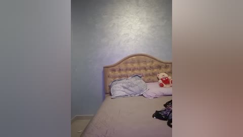 Media: A video of a modest bedroom with a queen-sized bed against a light blue wall. The bed has a beige headboard, a white pillow, and a light pink blanket. A stuffed animal and clothing are on the bed.