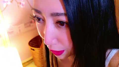 Media: Video of a young Asian woman with long, straight black hair, wearing pink lipstick, smiling slightly. Background features a warm, lit room with a wicker basket and decorative wall art.