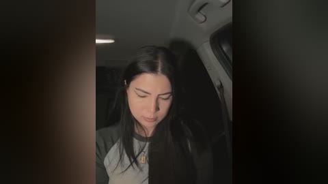 Media: Video of a young woman with long black hair, wearing a gray hoodie, looking down, in a dimly lit car interior.