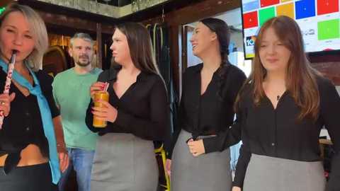 Media: Video of four women in business attire, standing indoors near a TV screen displaying colorful graphics. One woman holds a drink. Background includes a wooden wall and a man in a green shirt.