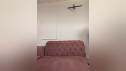 Media: Video of a cozy, minimalist room featuring a plush, pink tufted sofa against a white wall. A ceiling fan and a white shuttered window are visible in the background.