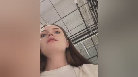 Media: A video of a young woman with long brown hair, light skin, and blue eyes, taken from a low angle, showing her from the chest up. The background features an industrial ceiling with exposed pipes and a metallic texture. She wears a white t-shirt.