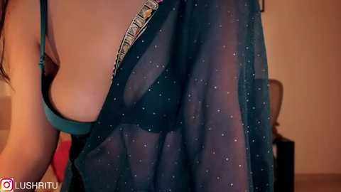 Media: Video of a woman in a sheer, teal sari with a gold border, showing a glimpse of her black bra and cleavage.