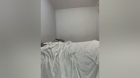 Media: A video of a minimalist, white-walled bedroom with a messy bed covered in white sheets, featuring a black pillow and a small, dark object on the nightstand. The room is sparsely furnished, with a plain, unadorned atmosphere.