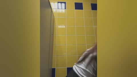 Media: Video of a person in a yellow and blue-tiled bathroom, holding a white towel. The image is taken from a low angle, showing the person's torso and upper legs.