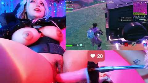 Media: A composite image of a woman with large breasts and exposed genitals, wearing a black jacket, in a video game scene.