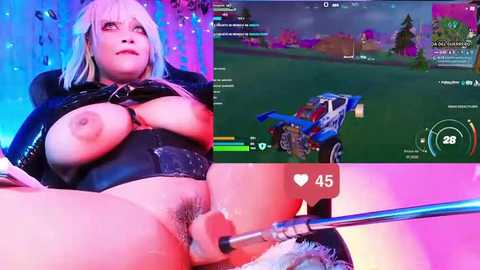 Media: Video of a nude, curvy woman with large breasts and pubic hair, using a vibrator on her vulva. In-game background of a racing track and a car.