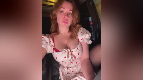 Media: Video of a fair-skinned woman with wavy, light brown hair, wearing a white dress with red heart patterns and a plunging neckline, sitting in a car with dim lighting, creating a soft, intimate atmosphere.