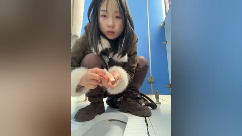 Media: Video of a young Asian girl with shoulder-length black hair, wearing a brown fur-trimmed coat and black boots, squatting on a white floor. The background features blue walls and metal bars.