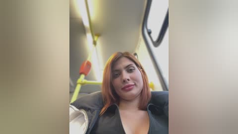 Media: Video of a smiling, fair-skinned woman with shoulder-length auburn hair, wearing a black jacket, seated on a public bus. The bus interior features yellow poles and a window.