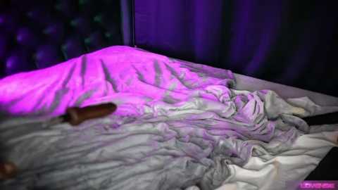 Media: Video of a dimly-lit bedroom with a rumpled grey blanket on a bed, illuminated by a pink light, featuring a wooden dildo partially hidden under the blanket.