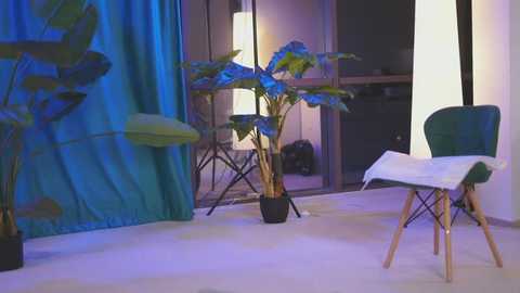 Media: Video of a modern living room with blue curtains, green chairs, potted plants, and a white blanket. Ambient lighting creates a serene atmosphere.