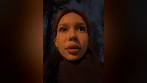 Media: A video of a young woman with fair skin and straight, shoulder-length brown hair, wearing a dark jacket, standing in a forest at dusk. The background features dark, shadowy trees.