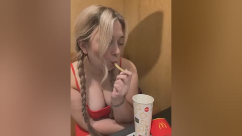 Media: Video of a blonde woman with a braided ponytail, wearing a red tank top, eating a french fry from a McDonald's cup, seated at a wooden table in a dimly lit room.