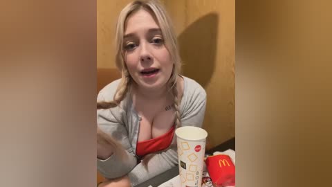 Media: A video of a blonde woman with long hair, wearing a red top and grey cardigan, sitting at a table with a McDonald's cup and burger, looking surprised and slightly shocked.