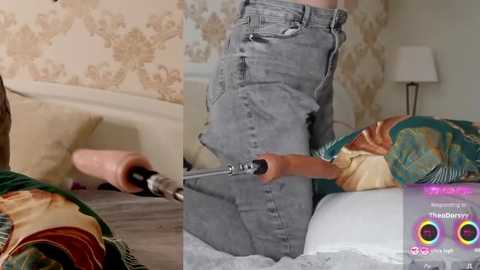 Media: A video showing a woman in gray jeans, lying on a bed with a colorful blanket, while a man uses a screwdriver to remove a screw from the jeans' back pocket.