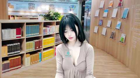 Media: Video of a young woman with shoulder-length black hair, wearing a beige blouse, sitting in a brightly lit library with wooden shelves filled with colorful books.