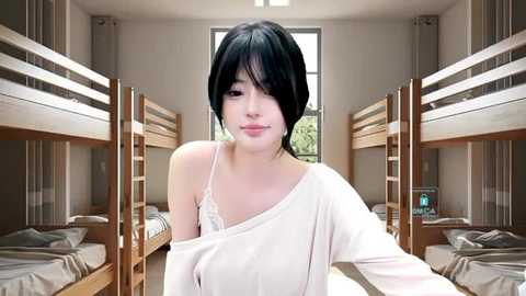 Media: Video of a young Asian woman with short black hair, wearing a white off-shoulder top, standing in a sparsely furnished dormitory with wooden bunk beds and a single window.