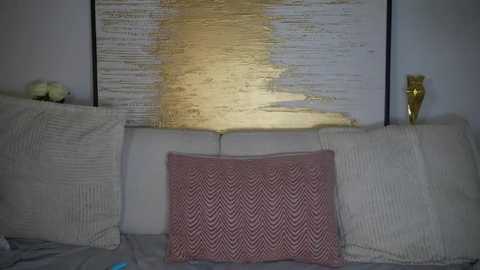 Media: Video of a modern living room featuring a textured white couch with a pink zigzag pillow, a gold abstract painting on the wall, and a decorative vase on the right.