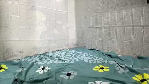 Media: Video of a cluttered room with white textured wallpaper. A bed with teal sheets adorned with yellow and white flower patterns is visible. A shadowy figure is faintly seen through a sheer curtain.