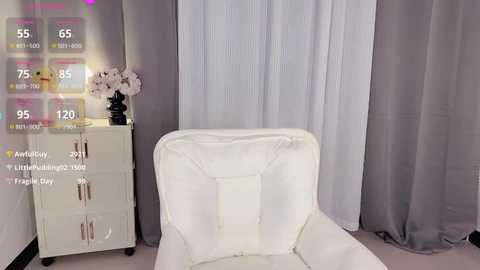 Media: Video of a modern, minimalist room with a white armchair, gray curtains, white vase with pink flowers, and a white dresser with drawers.