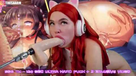 Media: A highly explicit, CGI-rendered image featuring a young woman with red hair and cat ears, performing oral sex on a large, erect penis. Text in the background reads \"Twitch: timsharm\" and \"Chinese text.\