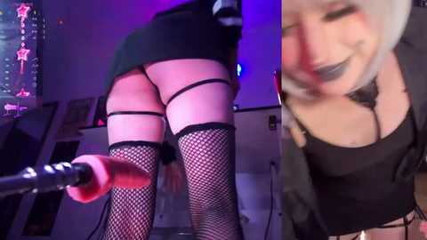 Media: Video of a young woman in a black fishnet top, revealing her breasts, and black fishnet skirt, being spanked by a large red paddle in a dimly lit room.