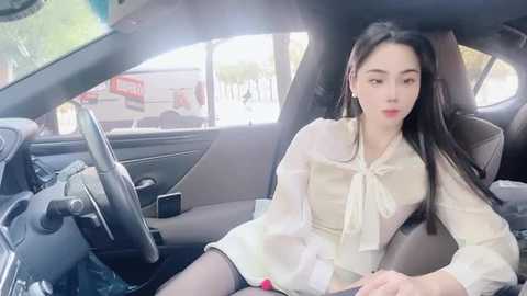 Media: Video of a young East Asian woman with long black hair, wearing a white blouse and black tights, seated in a car.