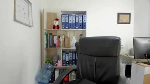 Media: Video of a minimalist office with a black leather office chair, wooden bookshelf filled with blue binders and books, framed certificate, and a small potted plant.