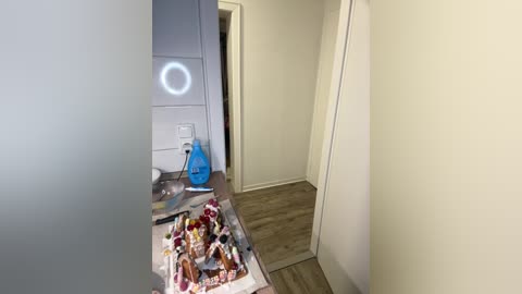 Media: Video of a narrow hallway with beige walls, wooden floor, and a cluttered table with a blue water bottle, snacks, and a mirror on the left.