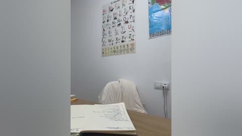 Media: Video of a sparsely furnished, light-colored classroom with a wall-mounted alphabet chart, a desk with open books, and a white chair in the background.