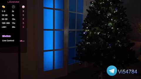 Media: A video of a dimly lit room with a blue-lit window, a Christmas tree, and a live control panel displaying channel information and a video feed.