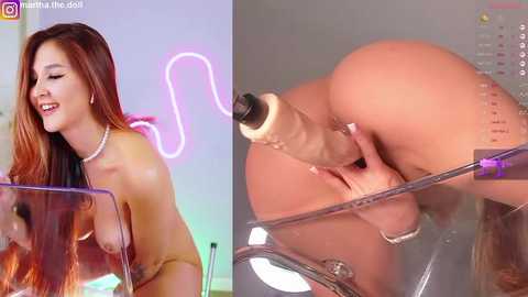 Media: A video juxtaposing a smiling, nude Asian woman with long hair and a strap-on dildo inserted anally, viewed from both front and rear.