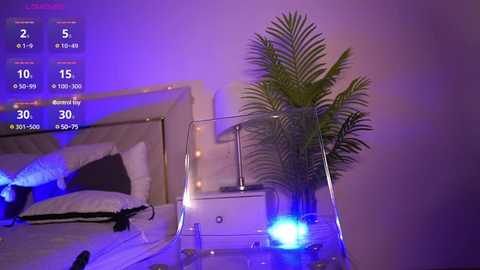 Media: Video of a hospital room with a modern bed, white linens, and a large fern plant. Purple and blue lighting accentuates the room's clean, sterile ambiance. A digital screen displays vital signs.