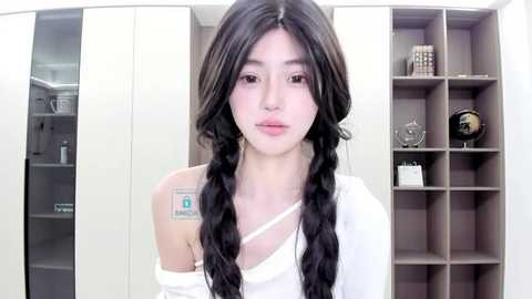 Media: Video of a young Asian woman with long, dark hair styled in braids, wearing a white off-shoulder top, standing in a modern, minimalist room with beige built-in shelves and a globe.