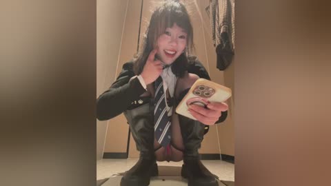 Media: Video of an Asian woman with long black hair, wearing a black leather jacket and striped tie, squatting in a locker room, holding a smartphone.