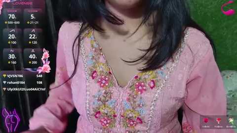 Media: Video of a woman with long black hair, wearing a pink embroidered blouse with floral patterns. Background shows a green wall and a digital interface with health metrics.