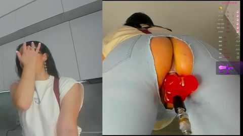 Media: Video collage: Left, a woman in white shirt and sunglasses, smiling, indoors. Right, rear view of a woman in tight jeans with a red dildo inserted, wearing glasses, in a dimly lit room.