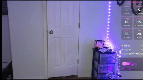 Media: Video of a modern, white-walled room with a white door, a black dresser, and a purple string of fairy lights.