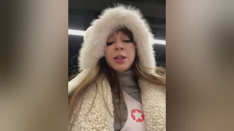 Media: Video of a Caucasian woman with long brown hair, wearing a white fur hat and a gray coat, looking confused, in an indoor setting.