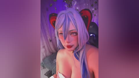 Media: Video of a young, light-skinned woman with long, pale lavender hair, wearing red lipstick, black choker, and black cat ears, set against a purple, sparkly background.