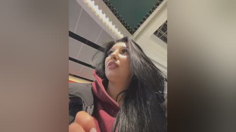 Media: Video of a young woman with long black hair, wearing a maroon hoodie, looking upward with a focused expression. The background features an indoor setting with a metallic ceiling and white walls.