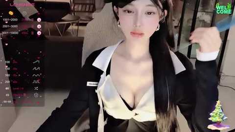 Media: A video of an East Asian woman with fair skin, wearing a revealing maid outfit, sitting in a modern living room. The background shows a TV screen displaying streaming content.