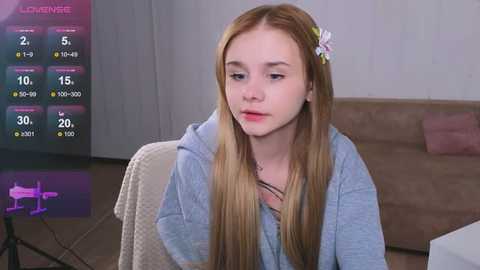 Media: Video of a young, fair-skinned, blonde girl with a white flower in her hair, wearing a light blue hoodie, sitting on a beige couch. A digital screen shows weather statistics in the background.