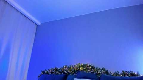 Media: Video of a room corner with a blue-tinted ceiling, white vertical blinds, and a blue sofa adorned with a festive garland of greenery and yellow flowers.