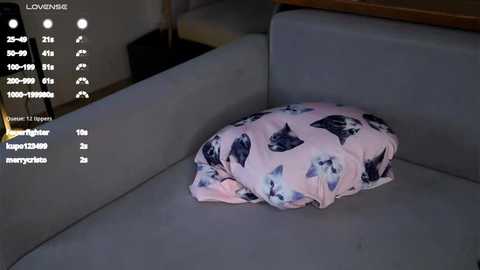 Media: Video of a plush, pink, star-shaped pillow with black and white star patterns on a gray couch. The background shows a dimly lit room with a dark wooden table and a white wall.