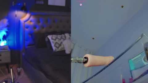 Media: A video showing a person's hand using a screwdriver to open a glass door, with a dimly lit, blue-lit bedroom in the background.