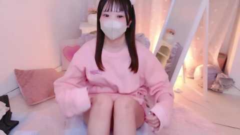 Media: Video of an Asian woman in a fluffy pink sweater and mask, sitting on a bed with white walls, pink pillows, and a white mirror.